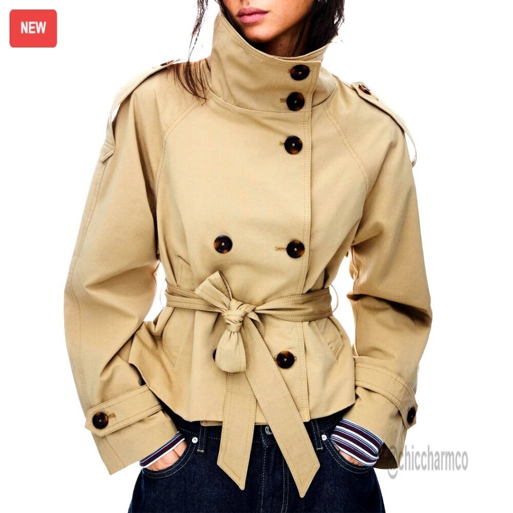 Cropped Trench Coat Double Breasted Belted Jacket Fall Winter Outerwear